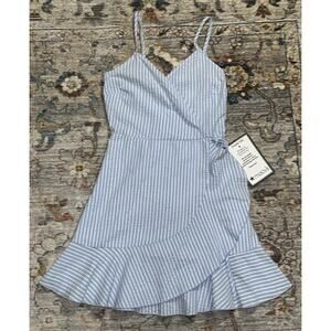 Speechless Mini Dress Blue White Vertical Stripes Spaghetti Straps Ruffled Hem